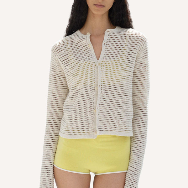 AURALEE TUSSAH SILK COTTON MESH KNIT CARDIGAN – PLAIN GOODS