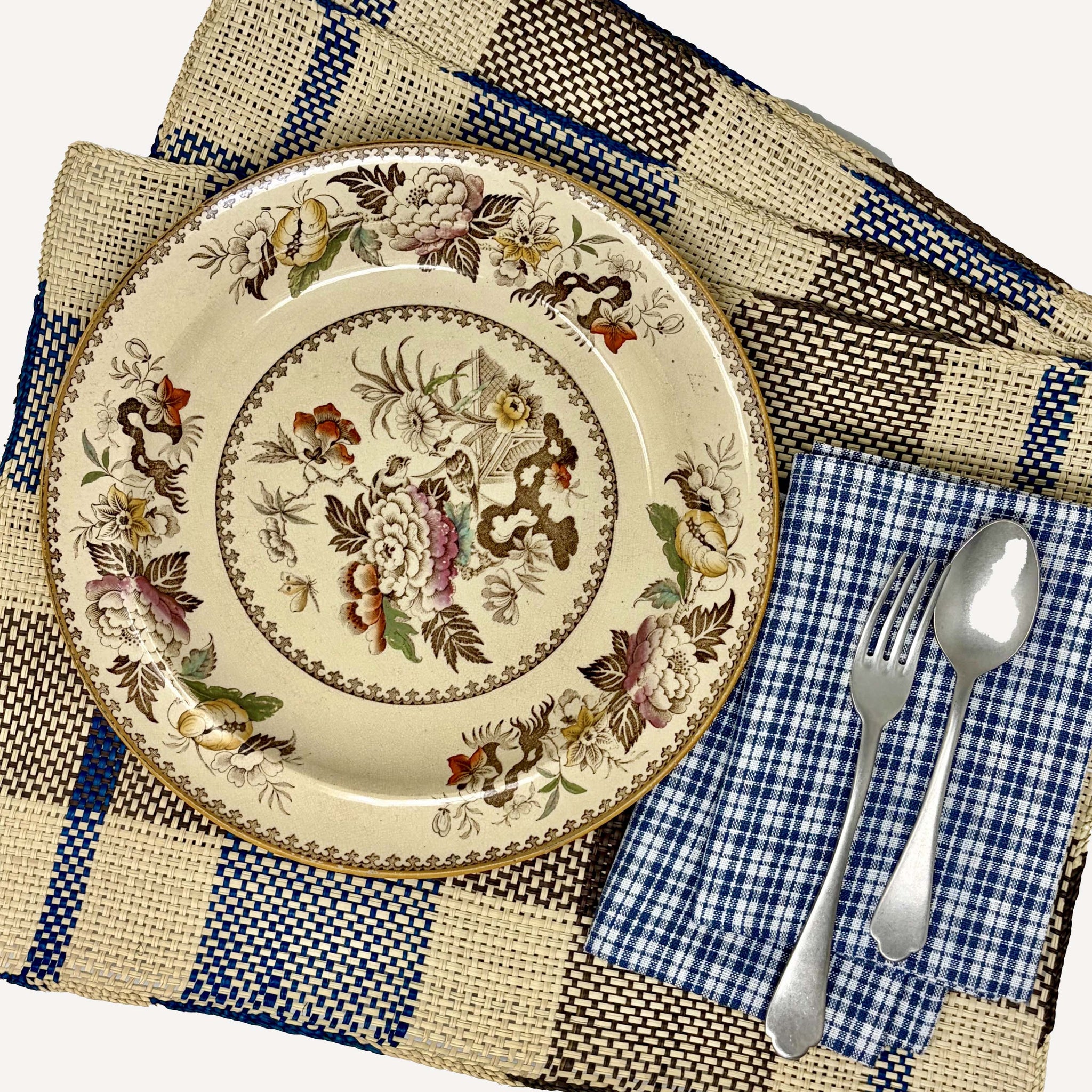 HANDWOVEN DARK BLUE & BROWN PLAID STRAW PLACEMATS