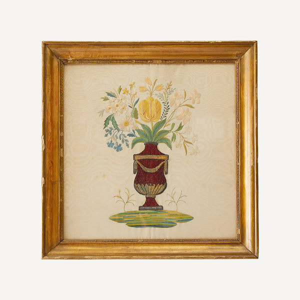 ANTIQUE EMBROIDERED SILK FRAMED STILL LIFE