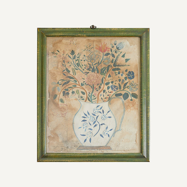 ANTIQUE FRAMED EARLY FLORAL WATERCOLOR IN JUG