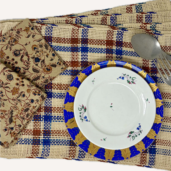 HANDWOVEN RUST & BLUE PLAID STRAW PLACEMATS