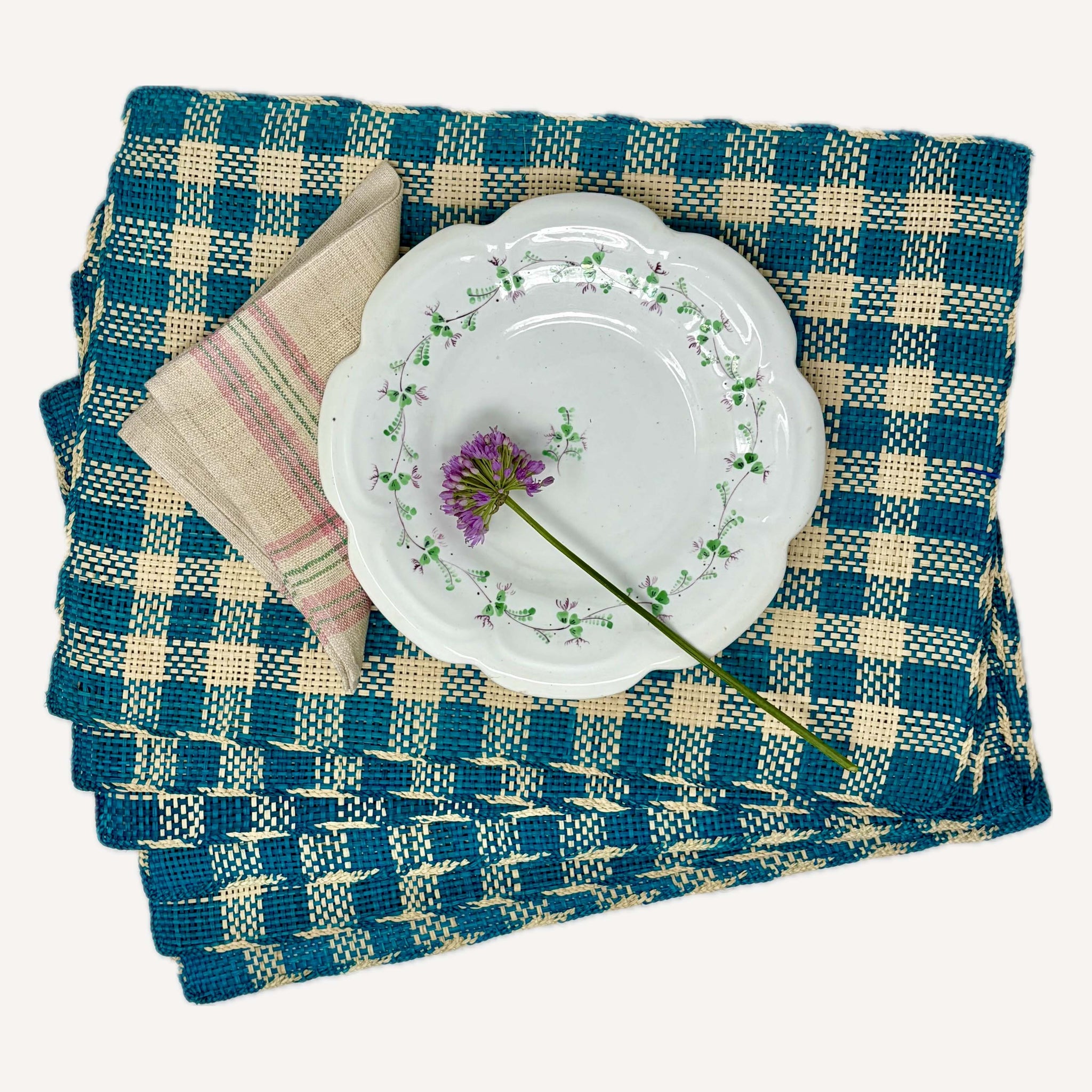 HANDWOVEN TEAL CHECK STRAW PLACEMATS