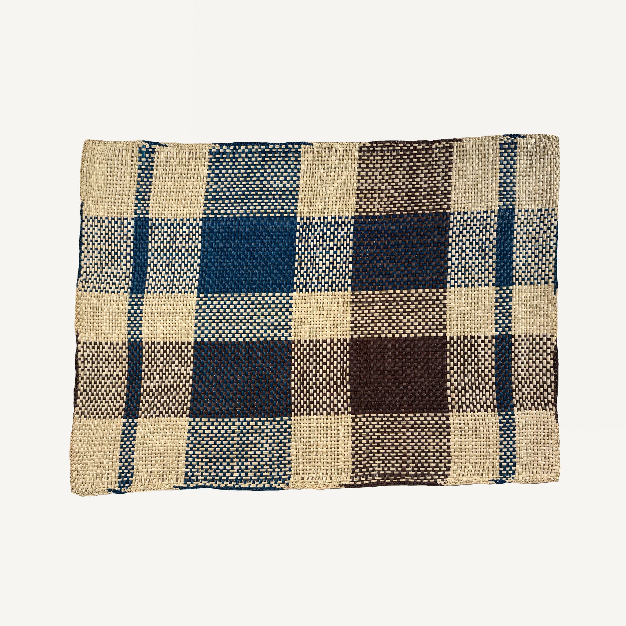HANDWOVEN DARK BLUE & BROWN PLAID STRAW PLACEMATS