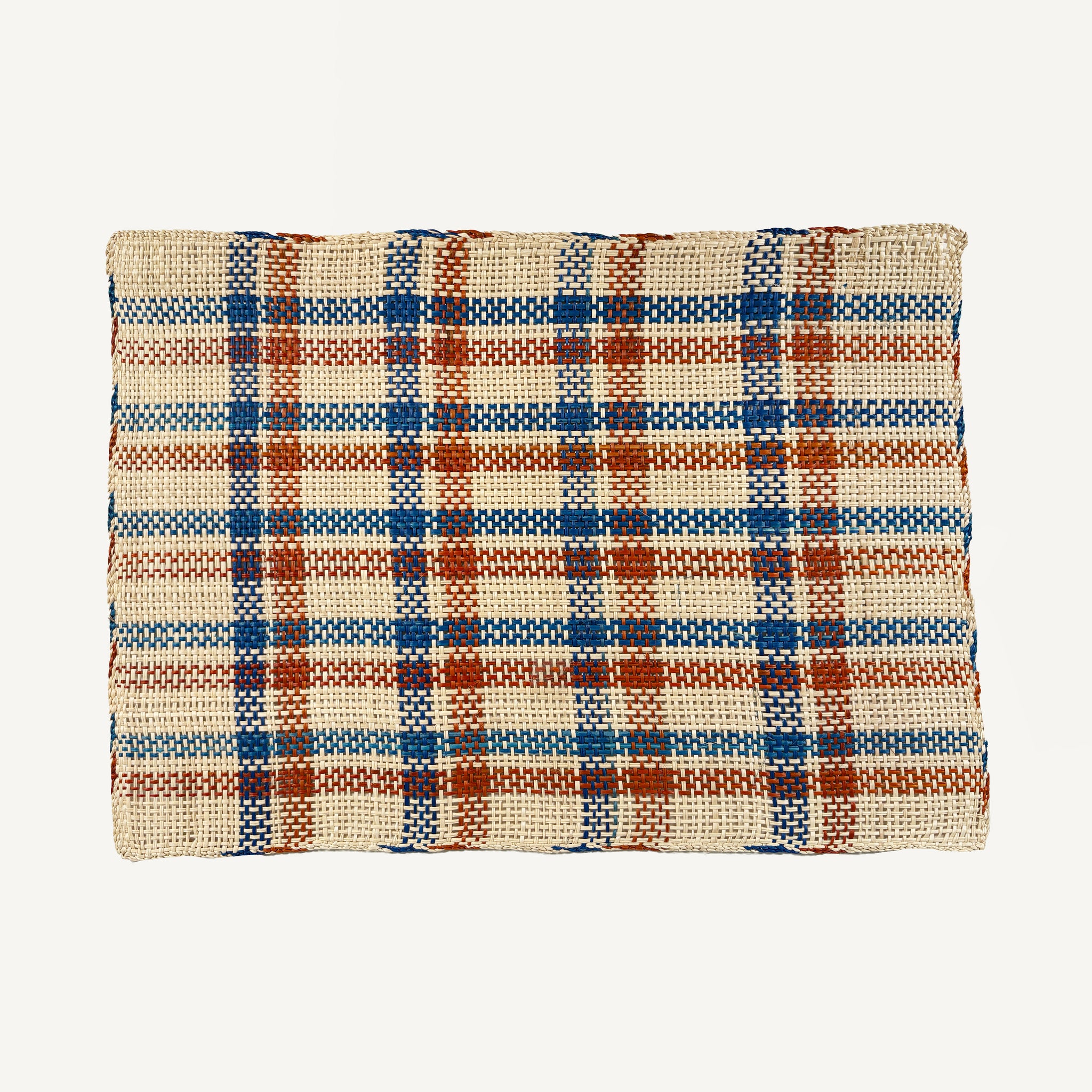 HANDWOVEN RUST & BLUE PLAID STRAW PLACEMATS