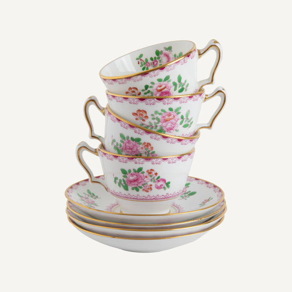 VINTAGE CROWN STAFFORDSHIRE HANDPAINTED TEACUPS & SAUCERS