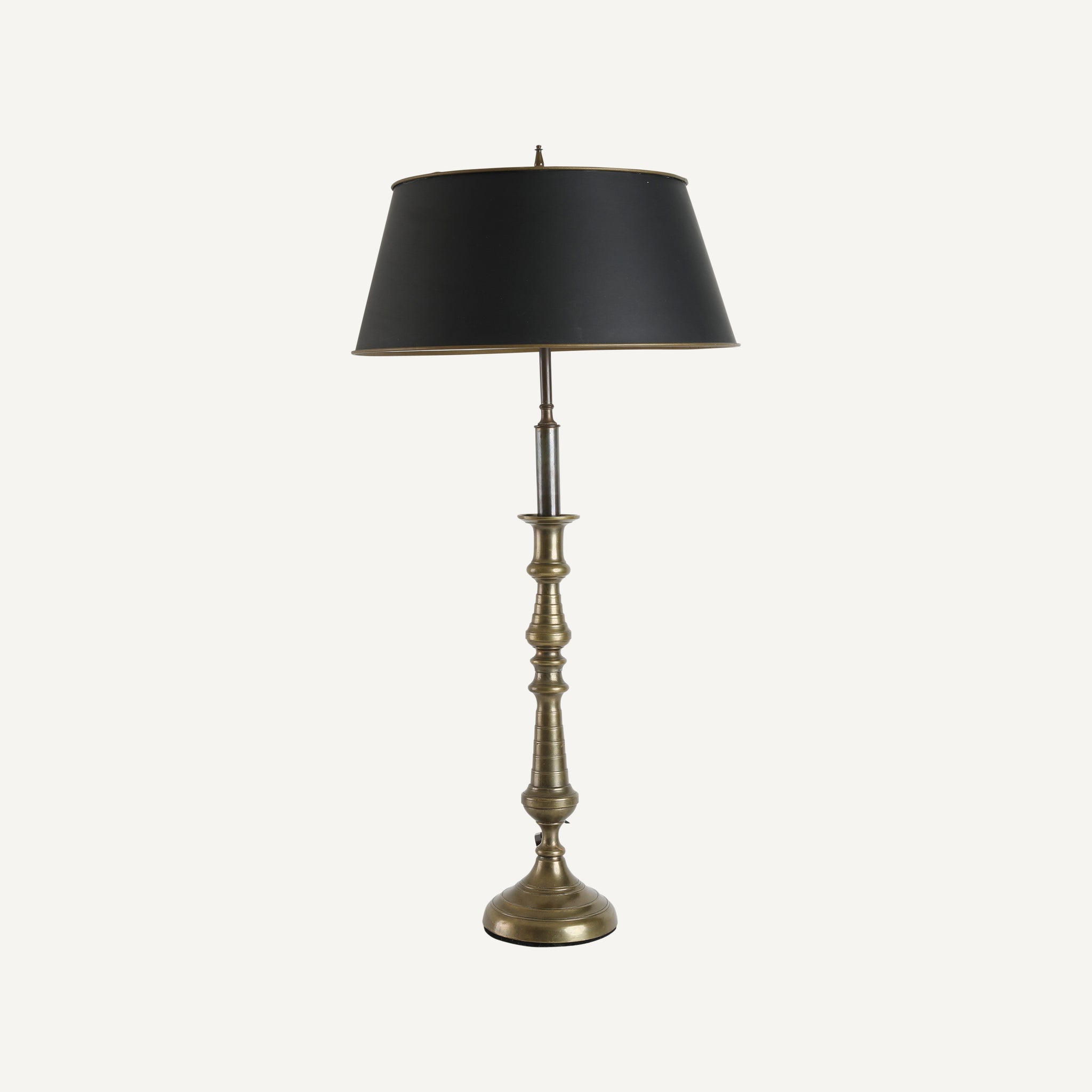 ANTIQUE BRASS LAMP WITH BLACK PAPER SHADE