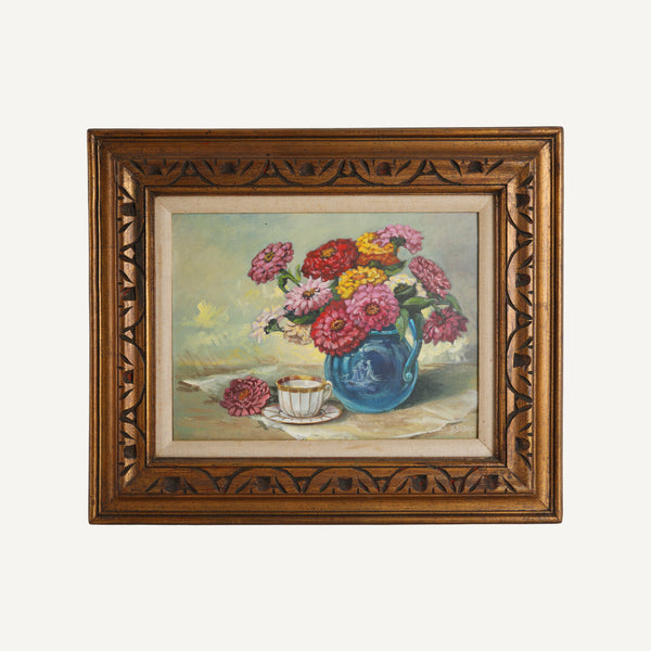 VINTAGE ZINNIA STILL LIFE PAINTING