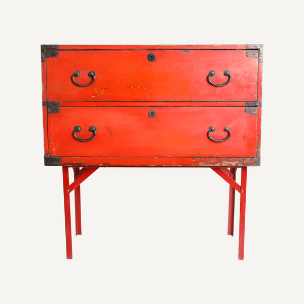 ANTIQUE LACQUERED TANSU CHEST ON STAND