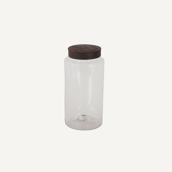 ANTIQUE GLASS JAR WITH METAL LID